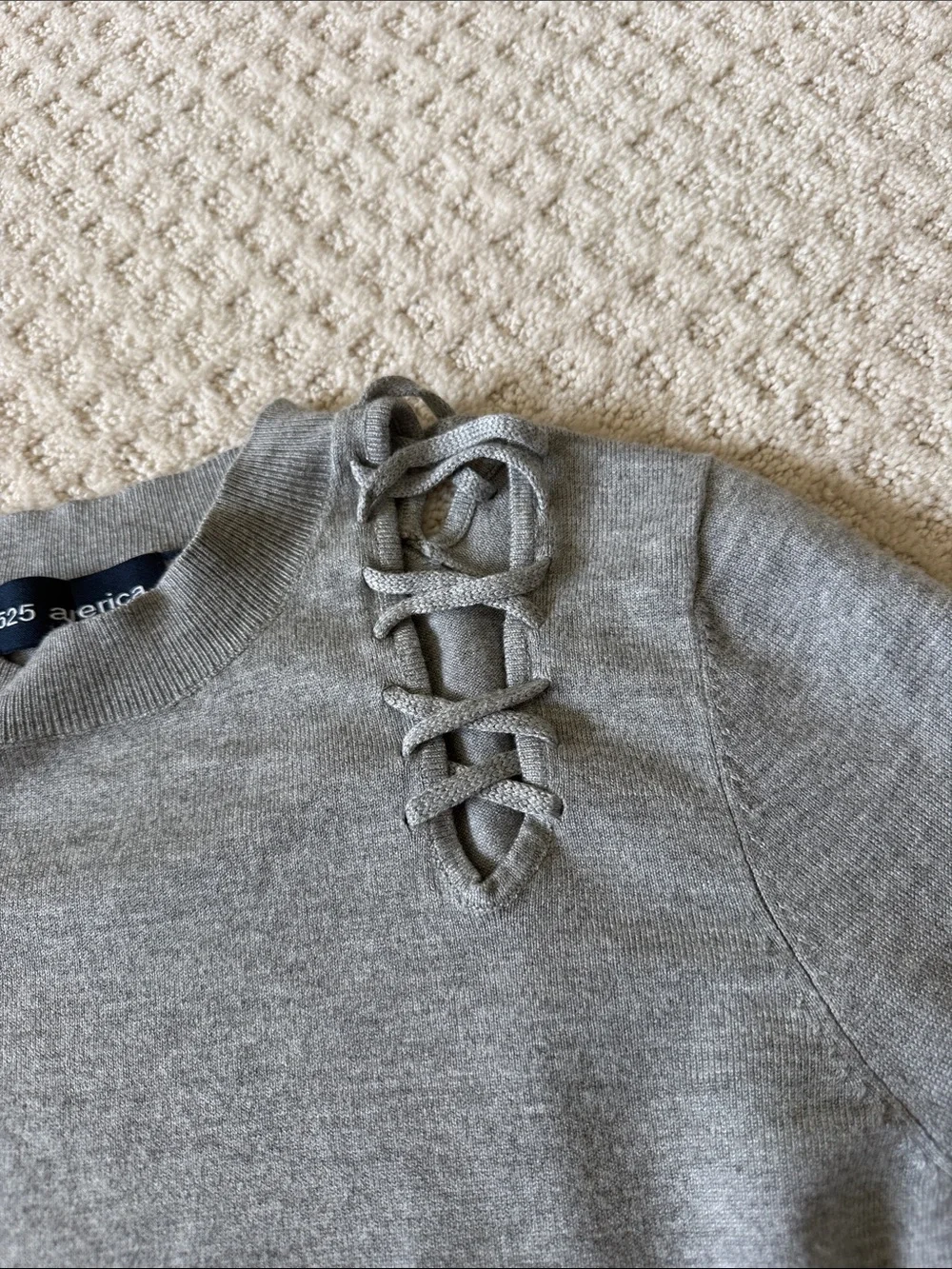 525 America Light Gray Lace-Up Shoulder Crewneck Sweater- CLOSET CLEAR OUT
